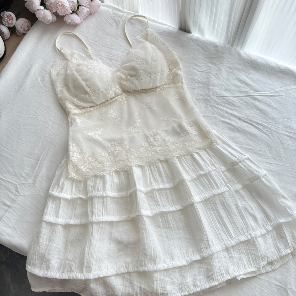 Lace summer short skirt sling sunscreen shirt 3pcs set