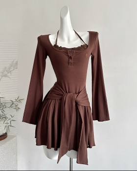 Pseudo-two lace sling autumn pinched waist dress