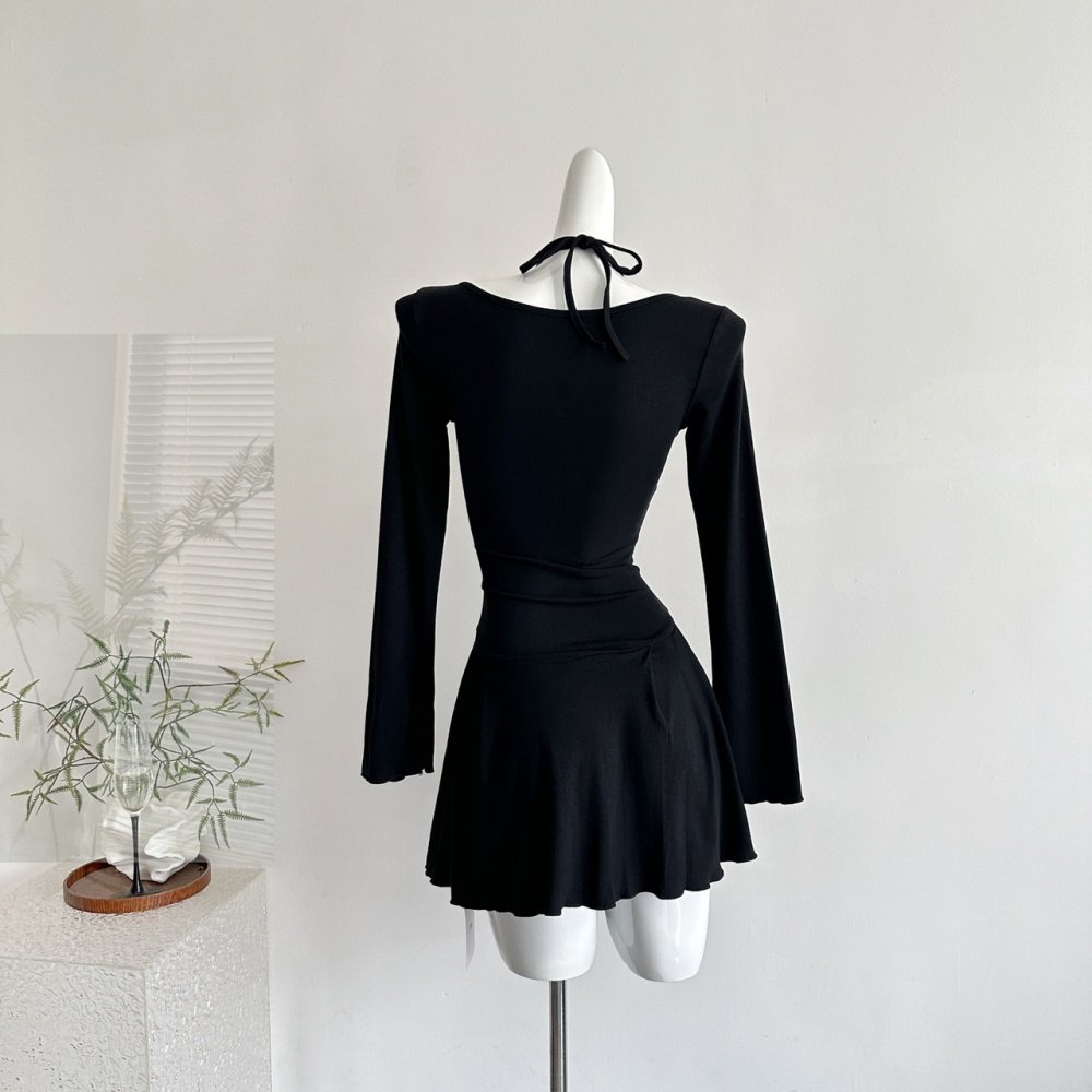 Pseudo-two lace sling autumn pinched waist dress