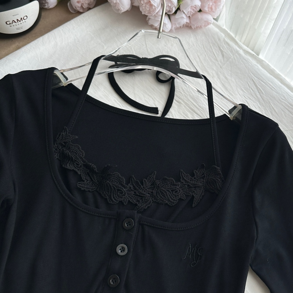 Pseudo-two lace sling autumn pinched waist dress