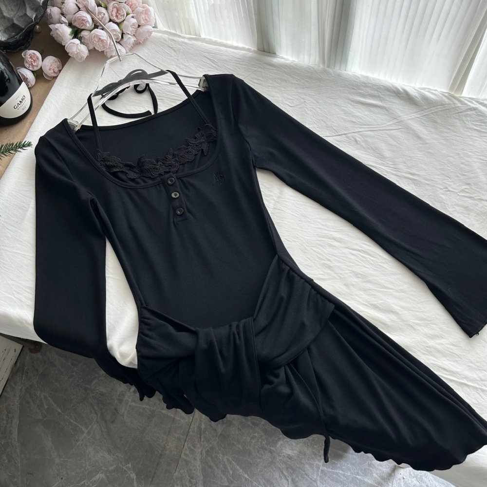 Pseudo-two lace sling autumn pinched waist dress