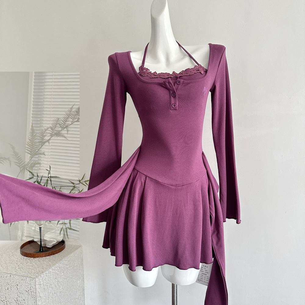 Pseudo-two lace sling autumn pinched waist dress