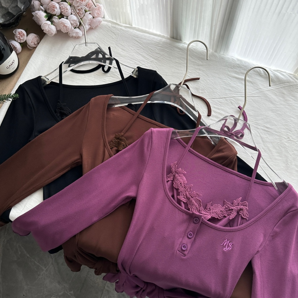 Pseudo-two lace sling autumn pinched waist dress