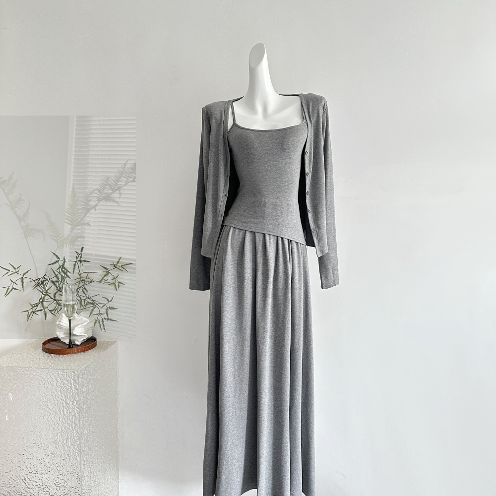 Knitted sling vest irregular hem short skirt 3pcs set