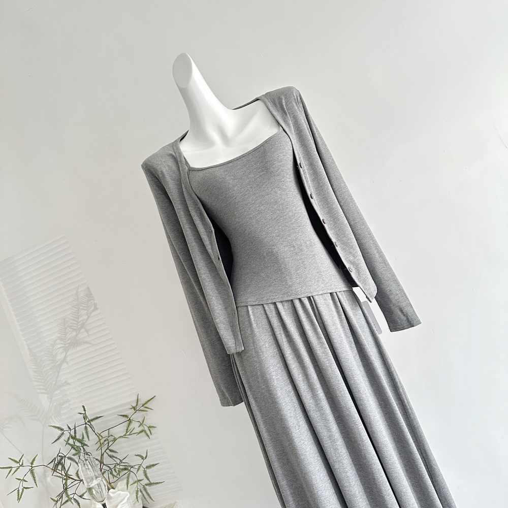 Knitted sling vest irregular hem short skirt 3pcs set