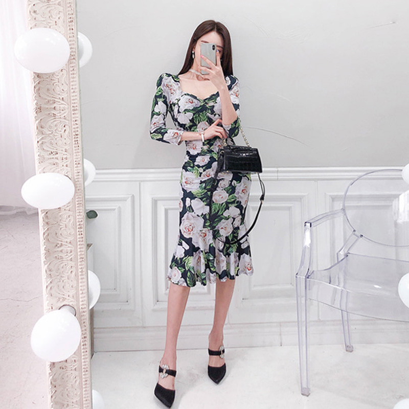 Printing retro formal dress summer package hip dress