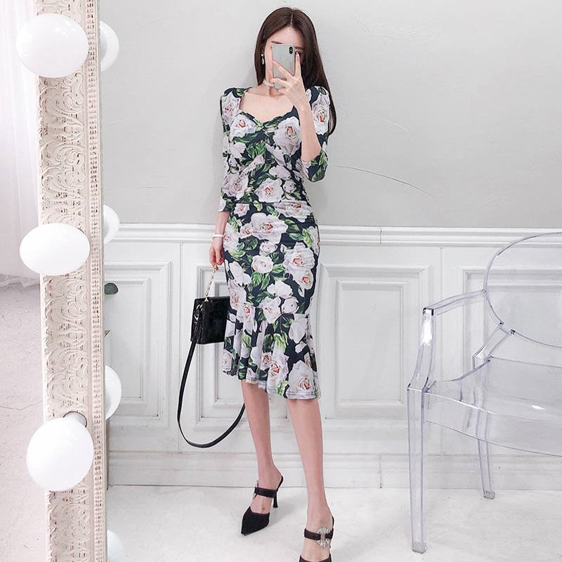 Printing retro formal dress summer package hip dress