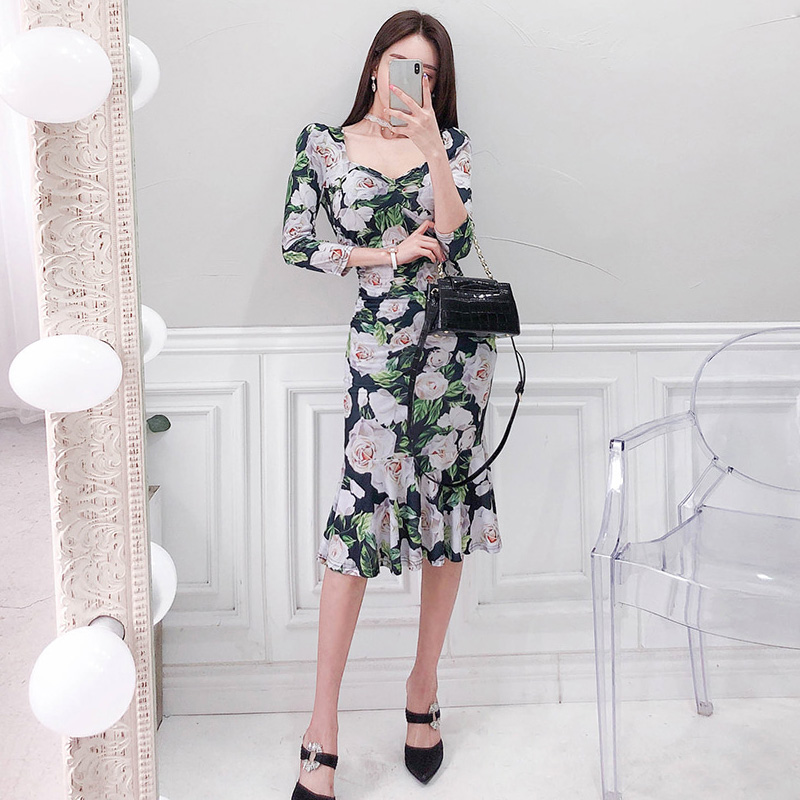 Printing retro formal dress summer package hip dress