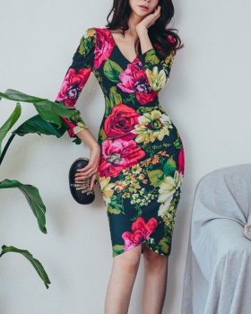 V-neck autumn Korean style slim printing summer dress