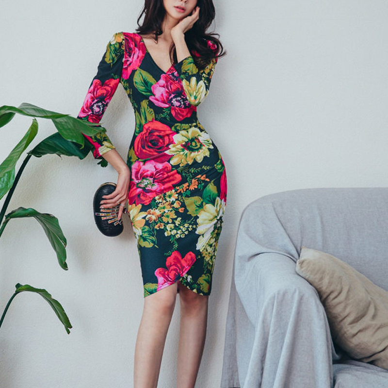 V-neck autumn Korean style slim printing summer dress
