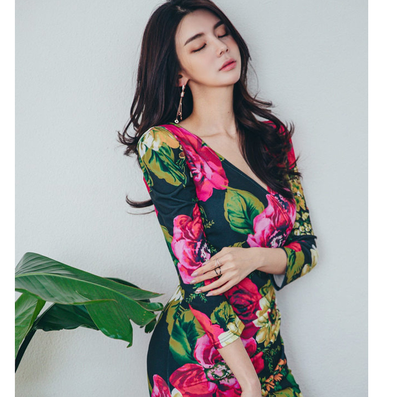 V-neck autumn Korean style slim printing summer dress