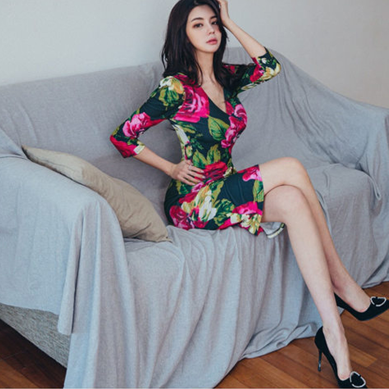 V-neck autumn Korean style slim printing summer dress