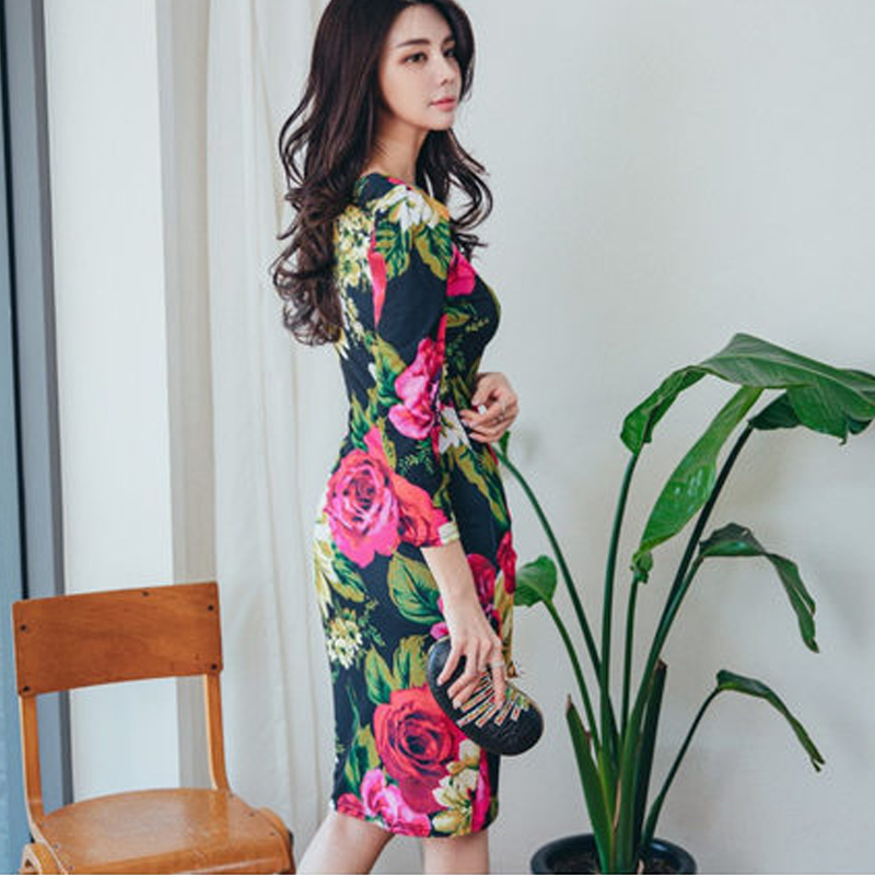 V-neck autumn Korean style slim printing summer dress