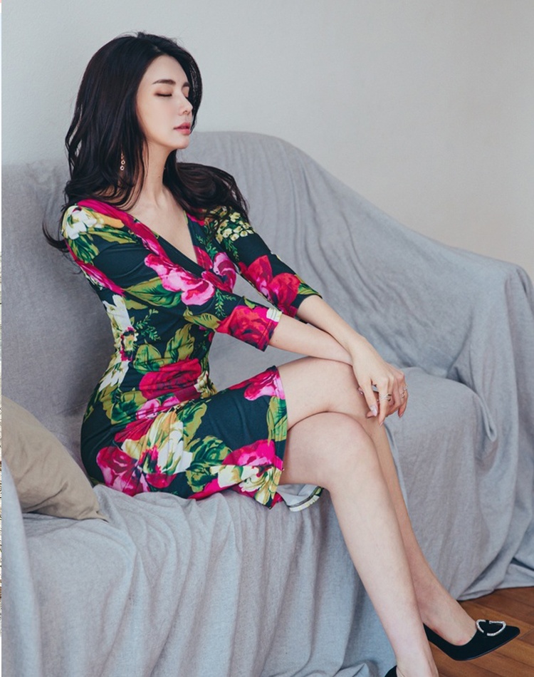 V-neck autumn Korean style slim printing summer dress