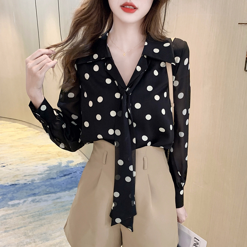 Polka dot lantern sleeve shirt chiffon tops for women