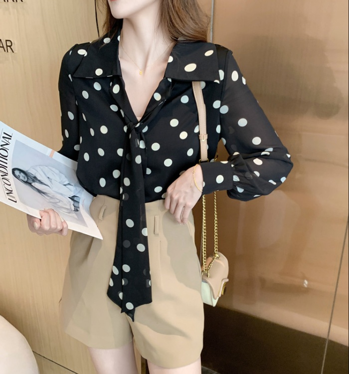 Polka dot lantern sleeve shirt chiffon tops for women