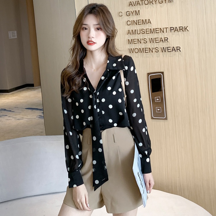 Polka dot lantern sleeve shirt chiffon tops for women