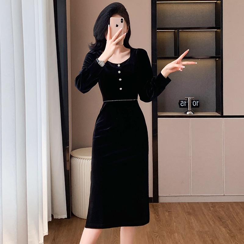 Temperament Hepburn style banquet France style velvet dress