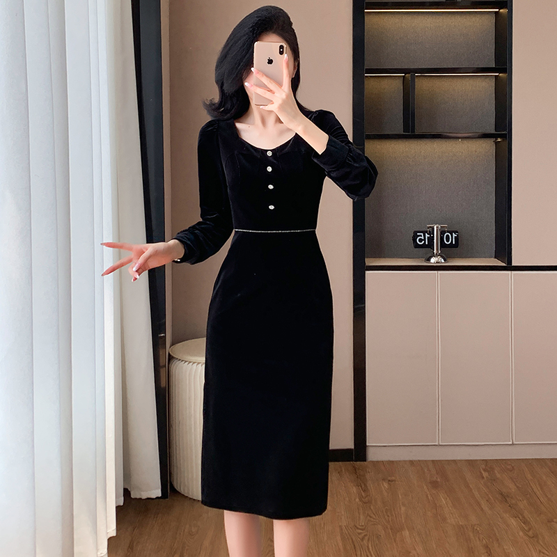 Temperament Hepburn style banquet France style velvet dress