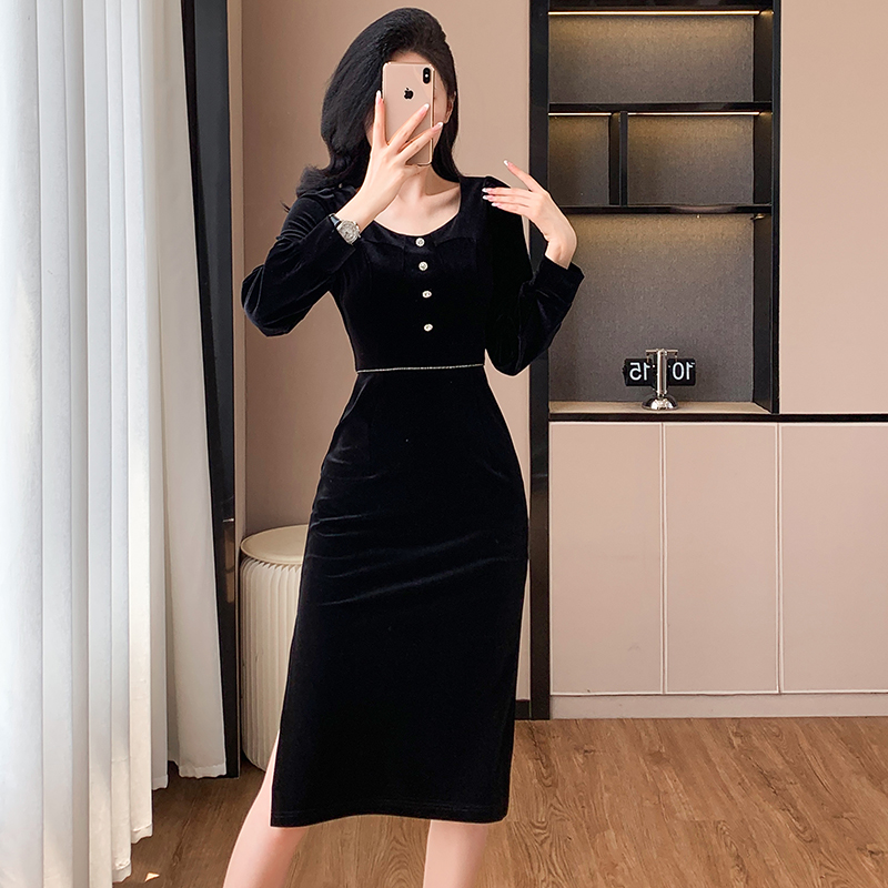 Temperament Hepburn style banquet France style velvet dress
