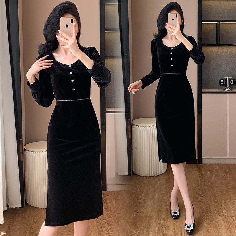 Temperament Hepburn style banquet France style velvet dress