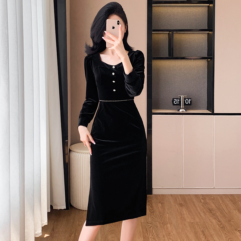 Temperament Hepburn style banquet France style velvet dress