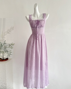 Long A-line sling pinched waist summer retro dress