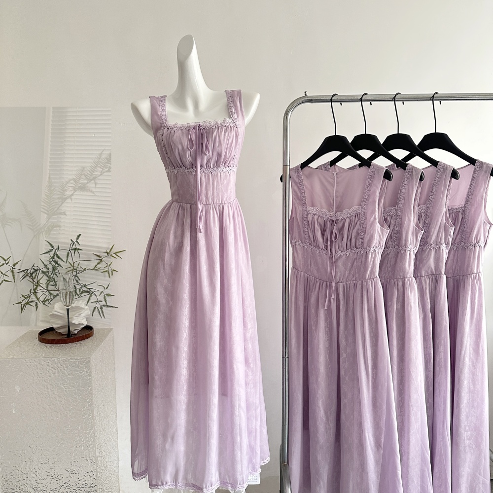 Long A-line sling pinched waist summer retro dress