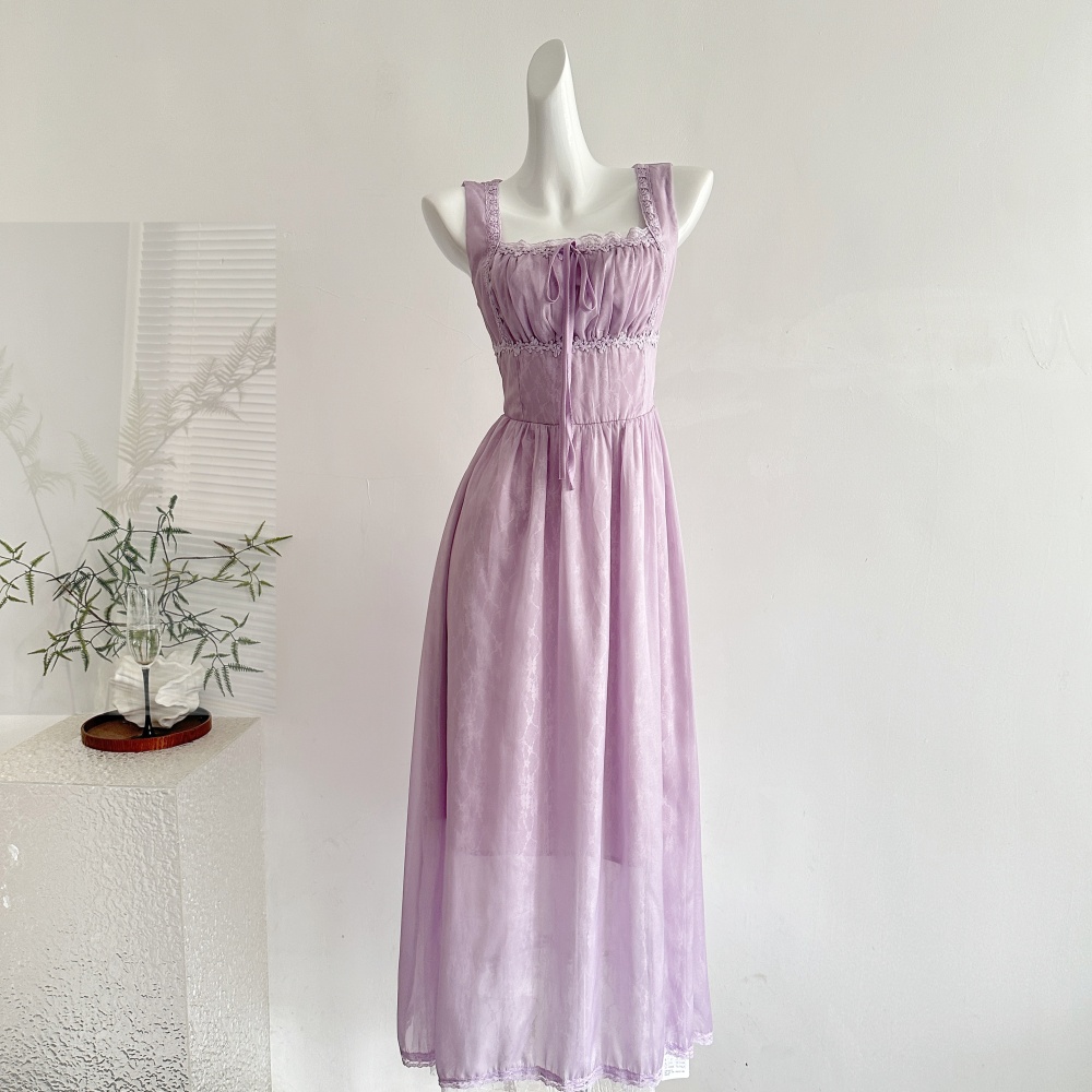Long A-line sling pinched waist summer retro dress