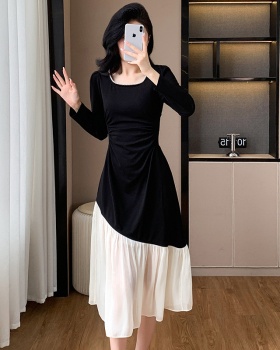 Fold beading splice dress mixed colors autumn long dress