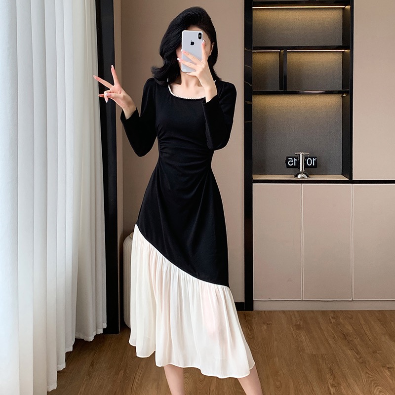 Fold beading splice dress mixed colors autumn long dress