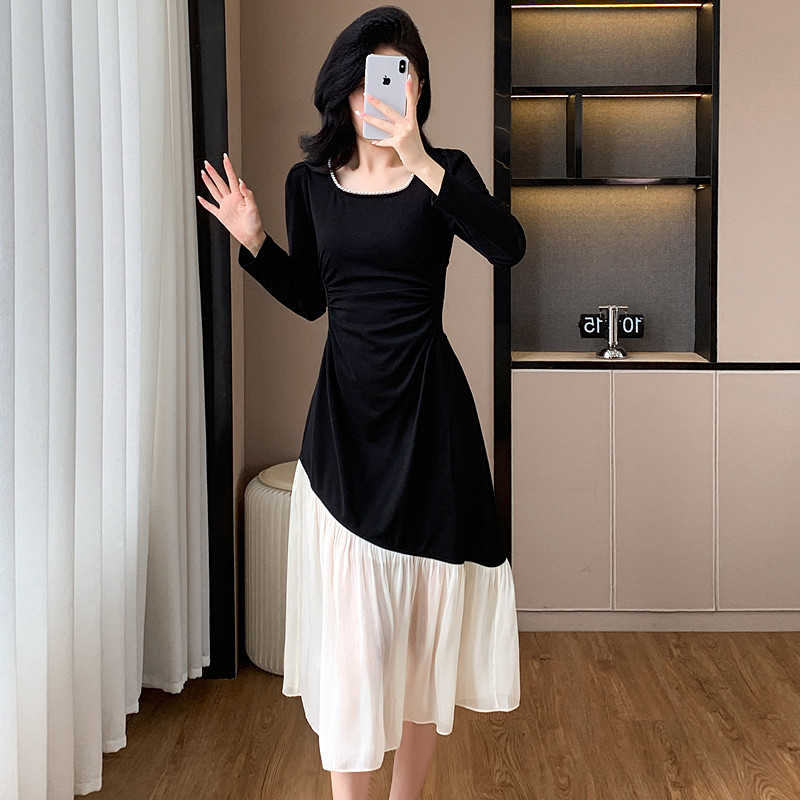 Fold beading splice dress mixed colors autumn long dress