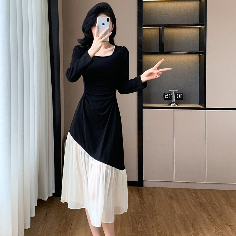 Fold beading splice dress mixed colors autumn long dress