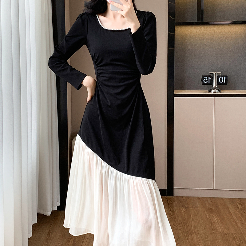 Fold beading splice dress mixed colors autumn long dress