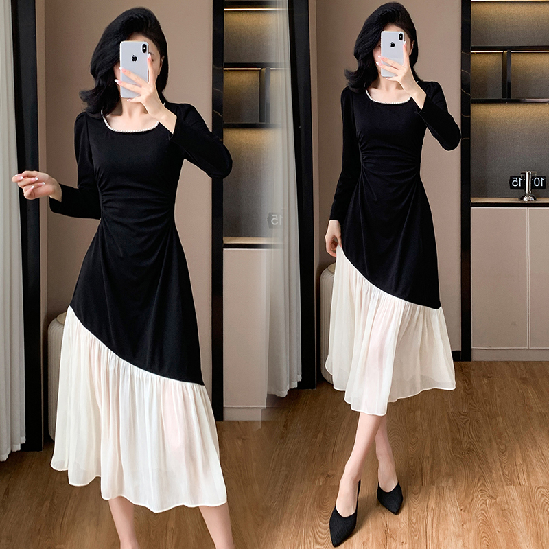 Fold beading splice dress mixed colors autumn long dress