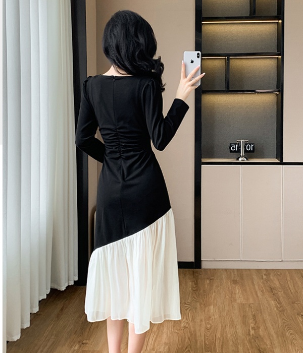 Fold beading splice dress mixed colors autumn long dress