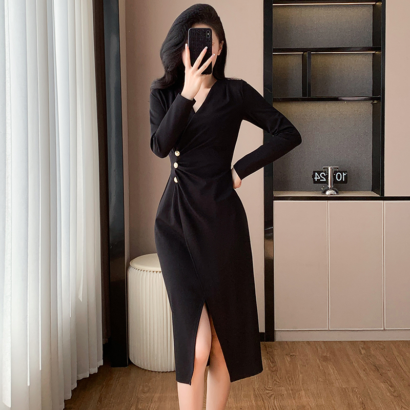 Sexy autumn France style profession split temperament dress