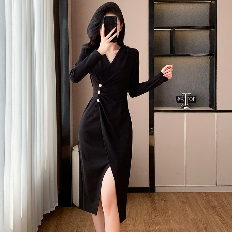 Sexy autumn France style profession split temperament dress