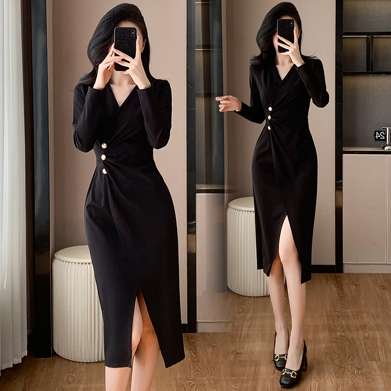 Sexy autumn France style profession split temperament dress