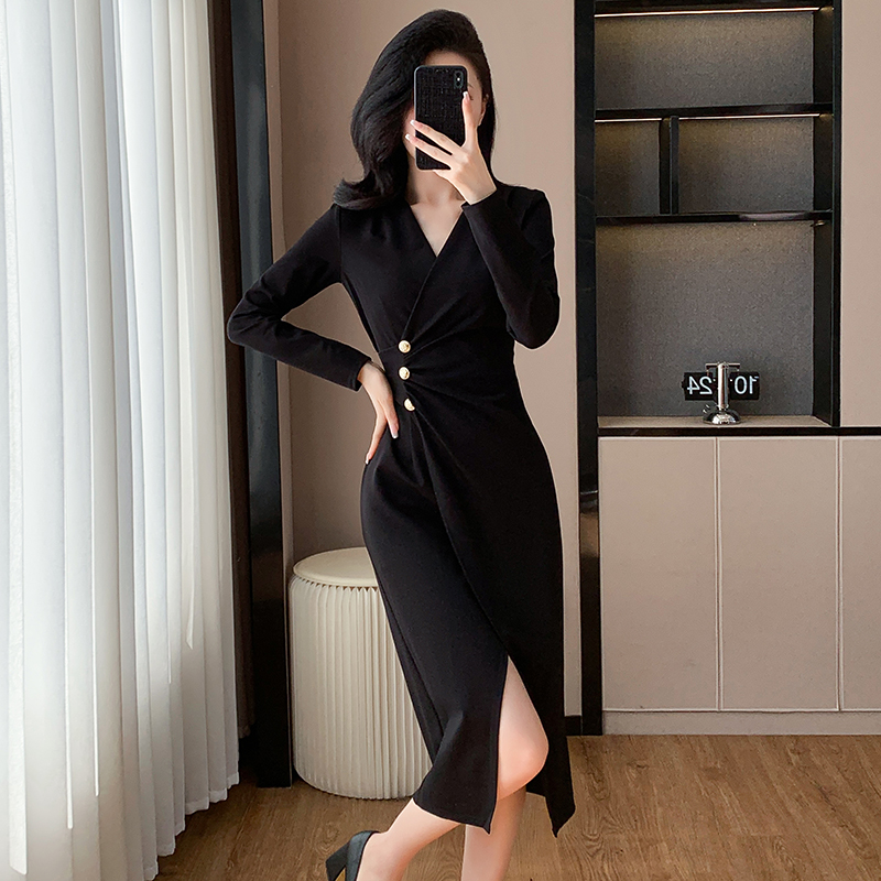 Sexy autumn France style profession split temperament dress