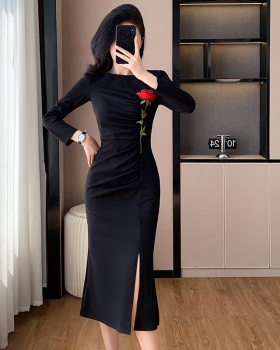 Temperament rose autumn dress embroidery split formal dress