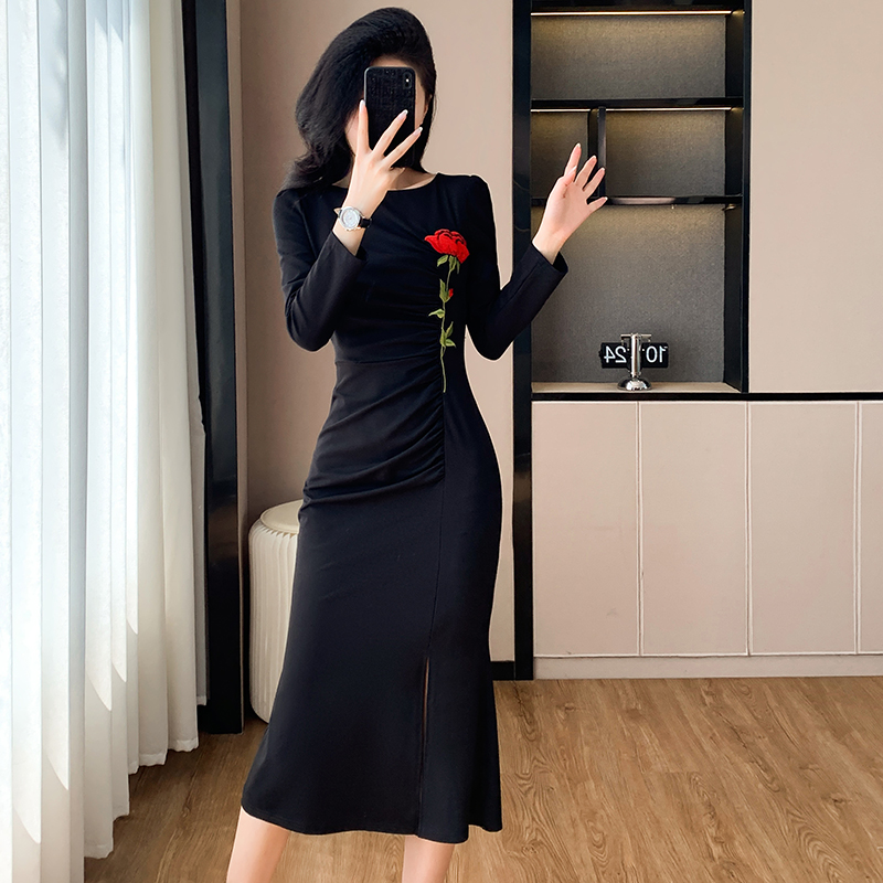 Temperament rose autumn dress embroidery split formal dress