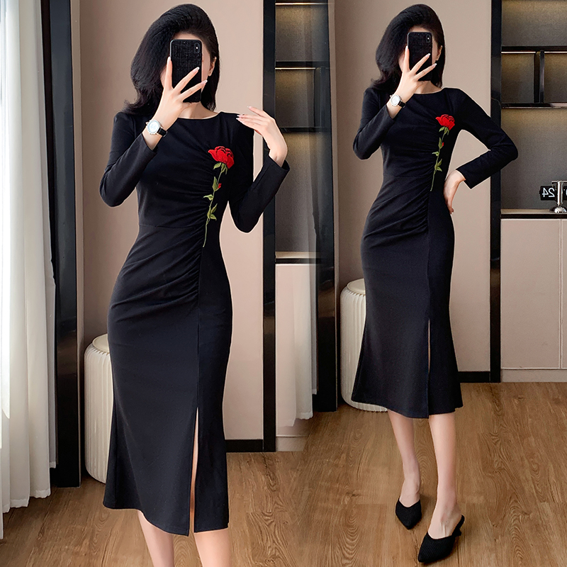 Temperament rose autumn dress embroidery split formal dress