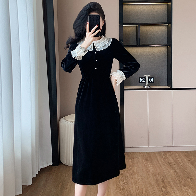 A-line autumn velvet Hepburn style France style dress
