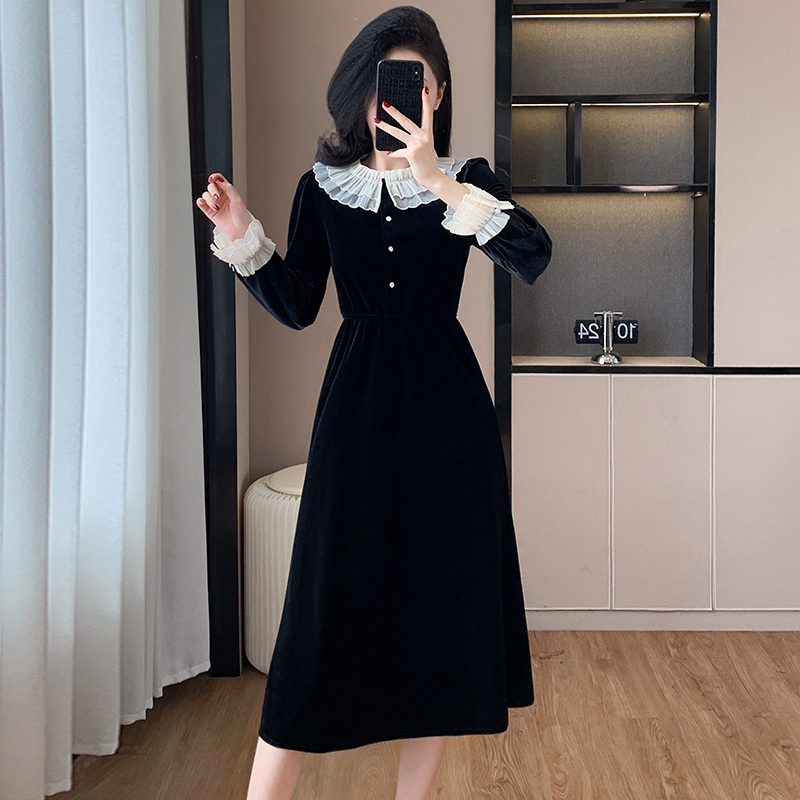A-line autumn velvet Hepburn style France style dress