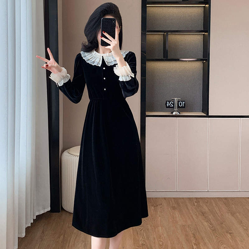 A-line autumn velvet Hepburn style France style dress
