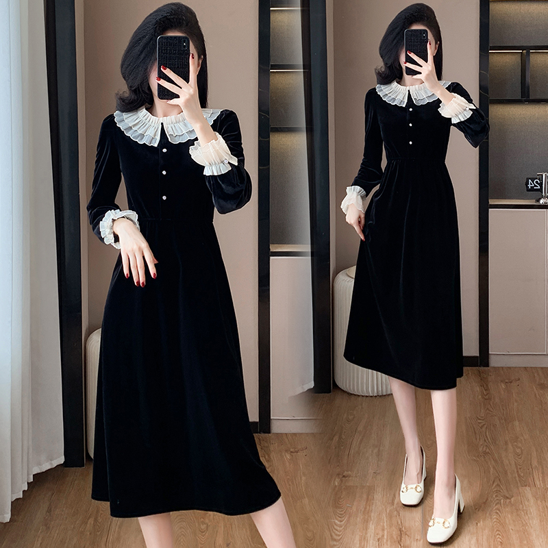 A-line autumn velvet Hepburn style France style dress