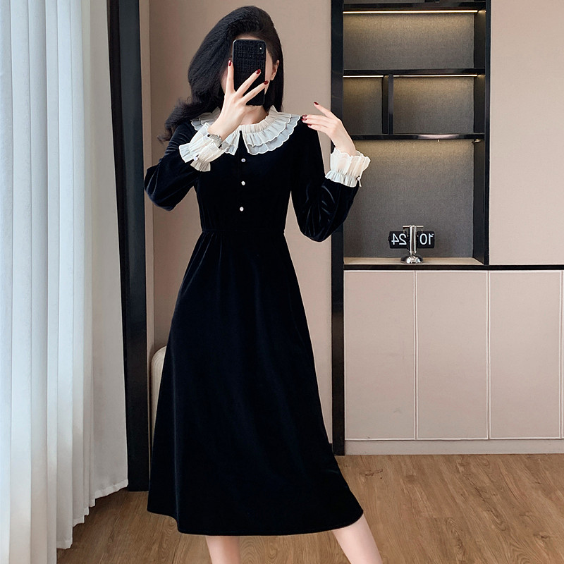 A-line autumn velvet Hepburn style France style dress