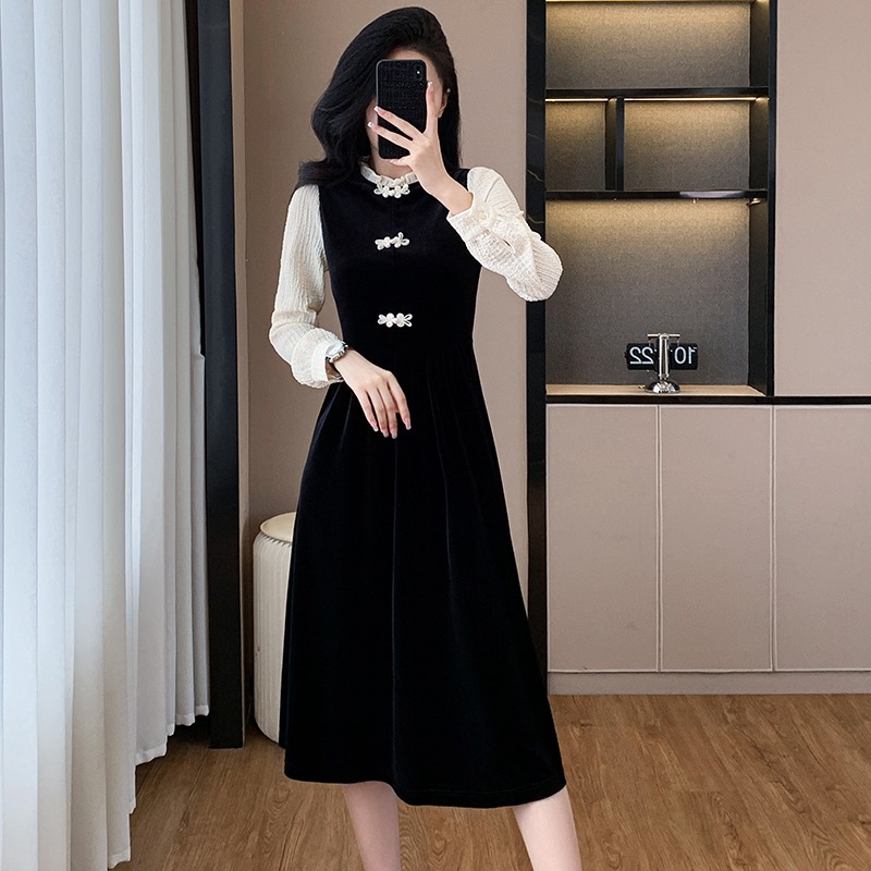 Temperament Chinese style long dress autumn velvet dress