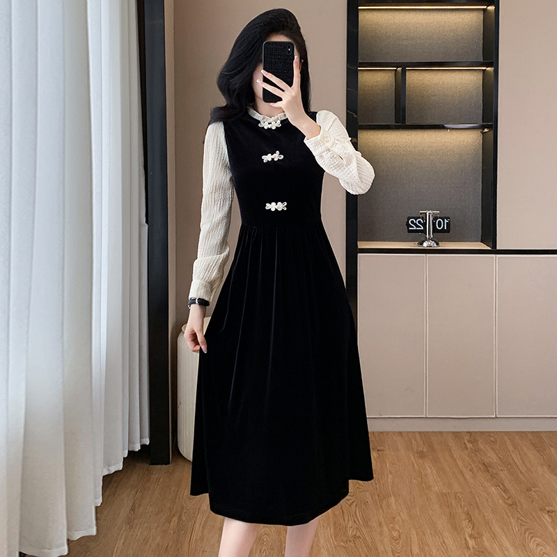Temperament Chinese style long dress autumn velvet dress